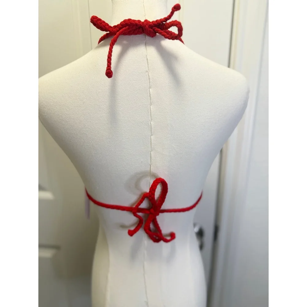 NWT Wild Fable Pink Red Cowgirl Print Triangle Bikini Top M Braided Rope Trim - Picture 4 of 7